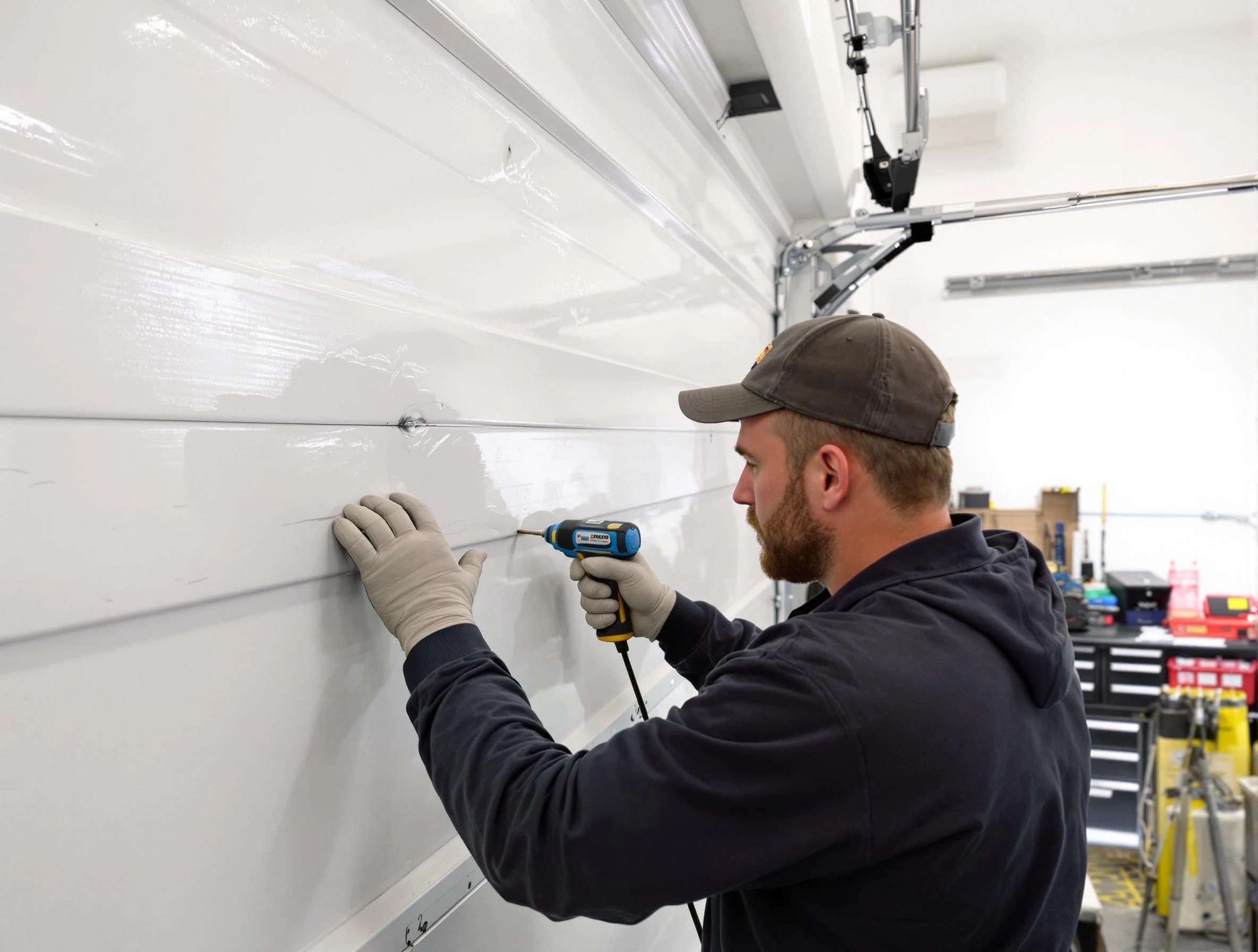 South Salt Lake Garage Door Repair technician demonstrating precision dent removal techniques on a South Salt Lake garage door